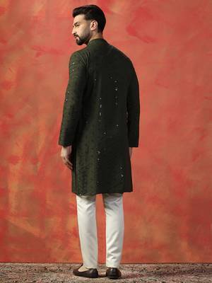 Men olive sequence kurta pyjama set 4