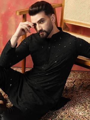 Men black sequence kurta pyjama 1