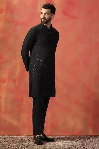 Men black sequence kurta pyjama