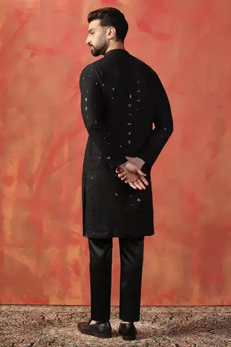 Men black sequence kurta pyjama