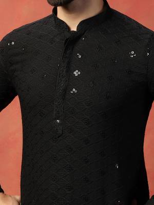 Men black sequence kurta pyjama 5