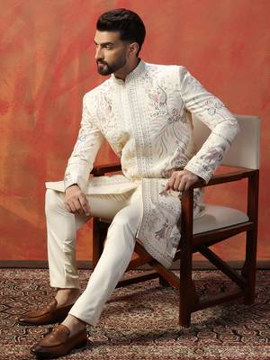 Men off white indowestern trouser set 1