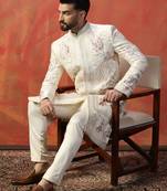 Men off white indowestern trouser set