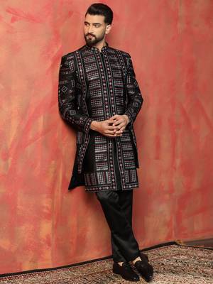 Men black embroidery multicolor indowestern trouser set 1