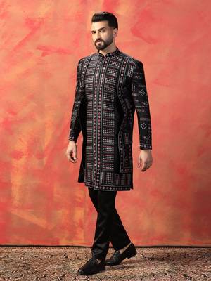 Men black embroidery multicolor indowestern trouser set 2