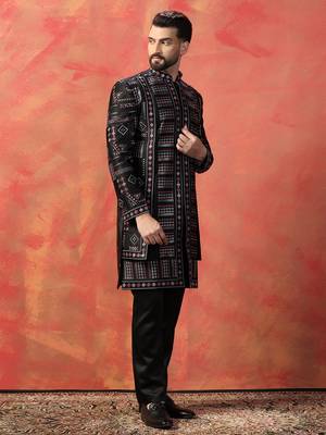 Men black embroidery multicolor indowestern trouser set 3