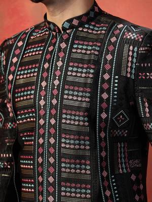 Men black embroidery multicolor indowestern trouser set 4