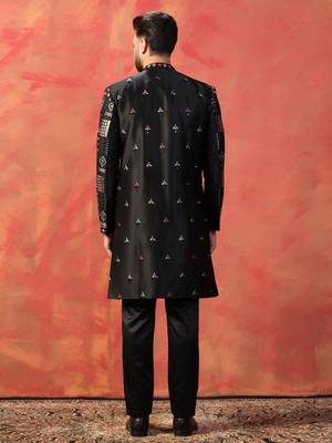 Men black embroidery multicolor indowestern trouser set 5