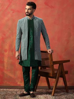 Men green embroidery indowestern churidar set 1
