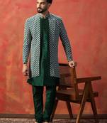 Men green embroidery indowestern churidar set