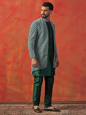 Men green embroidery indowestern churidar set 2