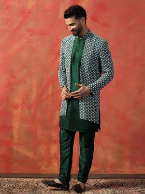 Men green embroidery indowestern churidar set 3