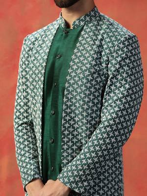 Men green embroidery indowestern churidar set 4