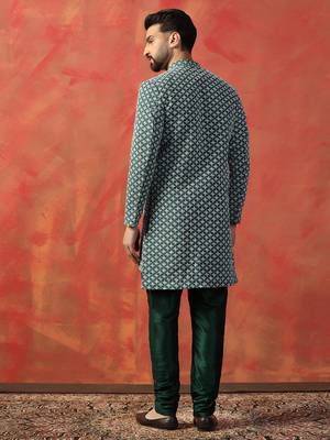 Men green embroidery indowestern churidar set 5