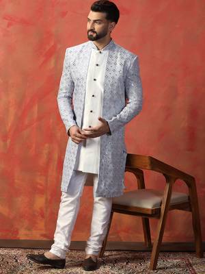 Men sky blue sequence embroidered work indowestern churidar set 1