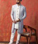 Men sky blue sequence embroidered work indowestern churidar set