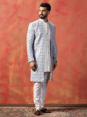 Men sky blue sequence embroidered work indowestern churidar set 2