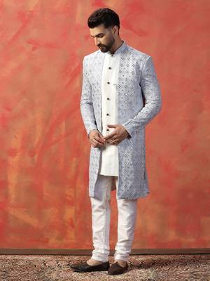 Men sky blue sequence embroidered work indowestern churidar set 3