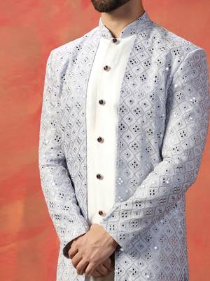 Men sky blue sequence embroidered work indowestern churidar set 4