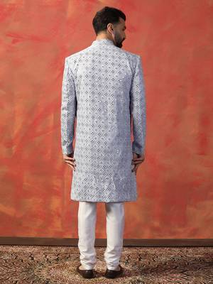 Men sky blue sequence embroidered work indowestern churidar set 5