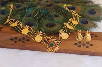 Gold plated stone coin choker necklace set 1