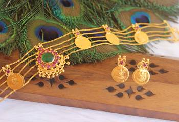 Gold plated stone coin choker necklace set 3