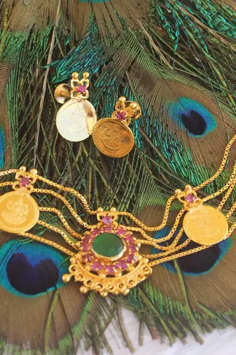 Gold plated stone coin choker necklace set