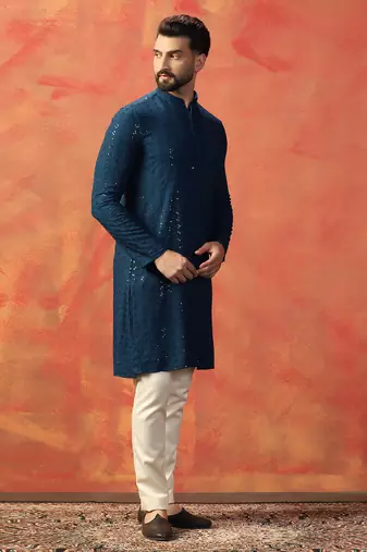 Men blue sequence kurta