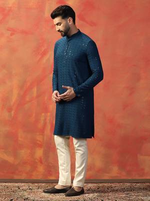 Men blue sequence kurta 3