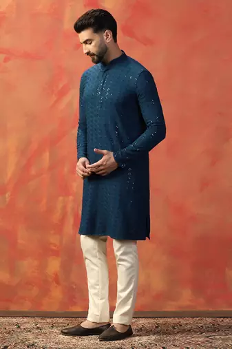 Men blue sequence kurta