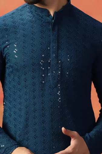 Men blue sequence kurta