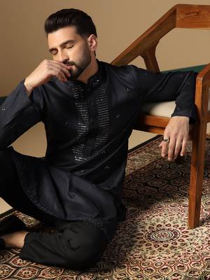 Men black neck work embroidery kurta 1