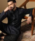 Men black neck work embroidery kurta