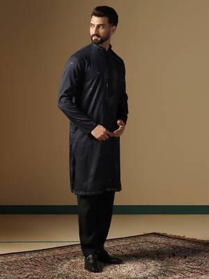 Men black neck work embroidery kurta 2