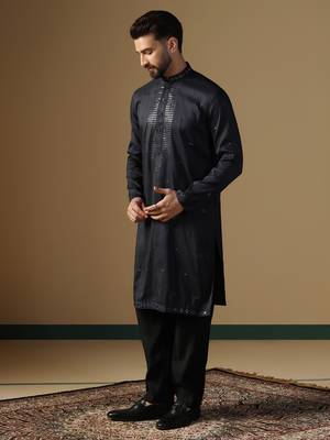 Men black neck work embroidery kurta 3