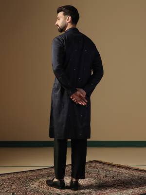 Men black neck work embroidery kurta 4