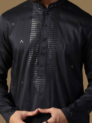 Men black neck work embroidery kurta 5