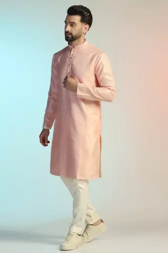 men peach embroidered kurta