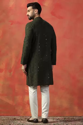 men olive sequins kurta