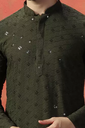 men olive sequins kurta