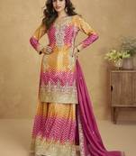 Yellow and pink chinon silk embroidered Palazzo suit