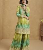Light green chinon silk embroidered Palazzo suit