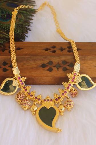 Mango shape red stone kerala style palakka necklace