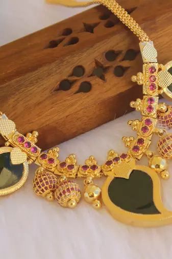 Mango shape red stone kerala style palakka necklace