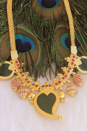Mango shape red stone kerala style palakka necklace