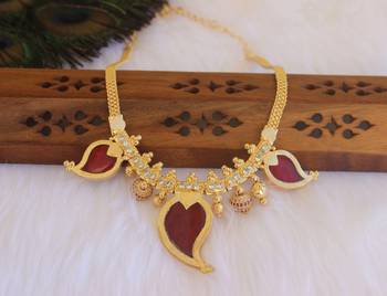 Mango shape red stone kerala style palakka necklace 1