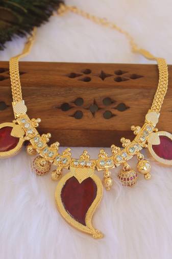 Mango shape red stone kerala style palakka necklace