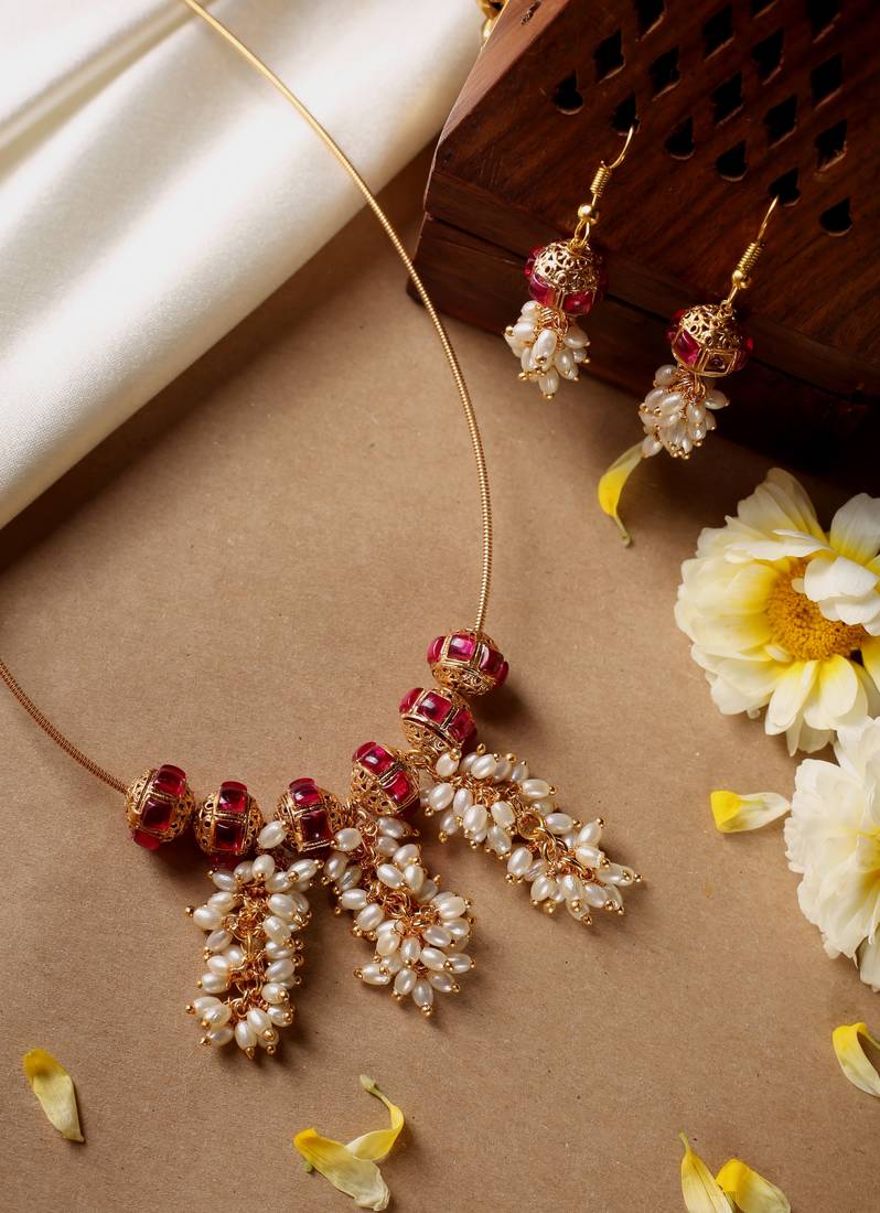 Invisible Necklace Set with Ball Accents and Pearl Danglers