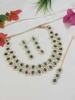 stylish design crystal diamond multi layer necklace with earrings & maang tikka jewellery set  1