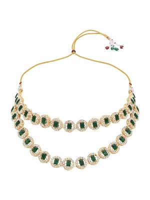 stylish design crystal diamond multi layer necklace with earrings & maang tikka jewellery set  2